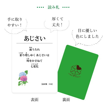 読み札の商品説明画像。手に取りやすいサイズ、厚くて丈夫、目に優しい色を使用。